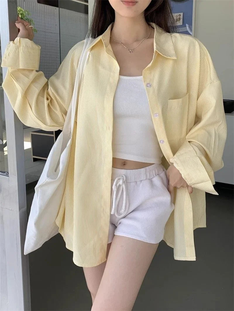 Women's Button Front Striped Chest Pocket Drop Shoulder Long Sleeve Flannel Shirt