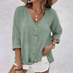 Women's Button Front V Neck Rolled Sleeve Blouse