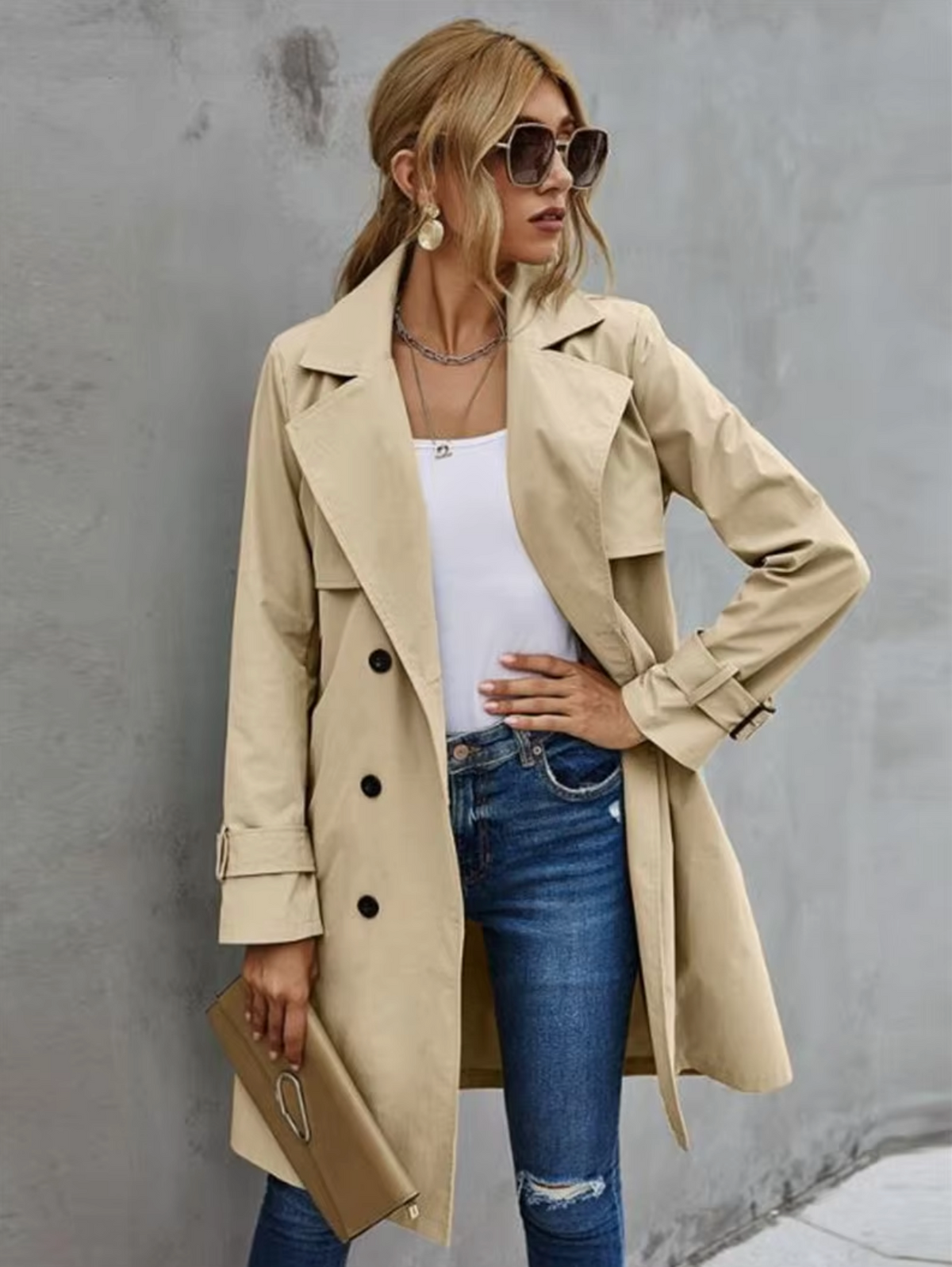 Women's Button Front Wide Lapels Belted Cuffs Double-Breasted Trench Coat