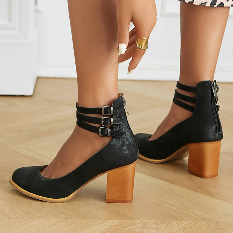 Women’s Casual Closed Toe Block Heel Back Zipper Heels