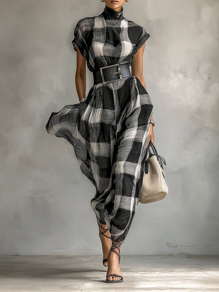 Women's Checkered Cap Sleeve Maxi Dress