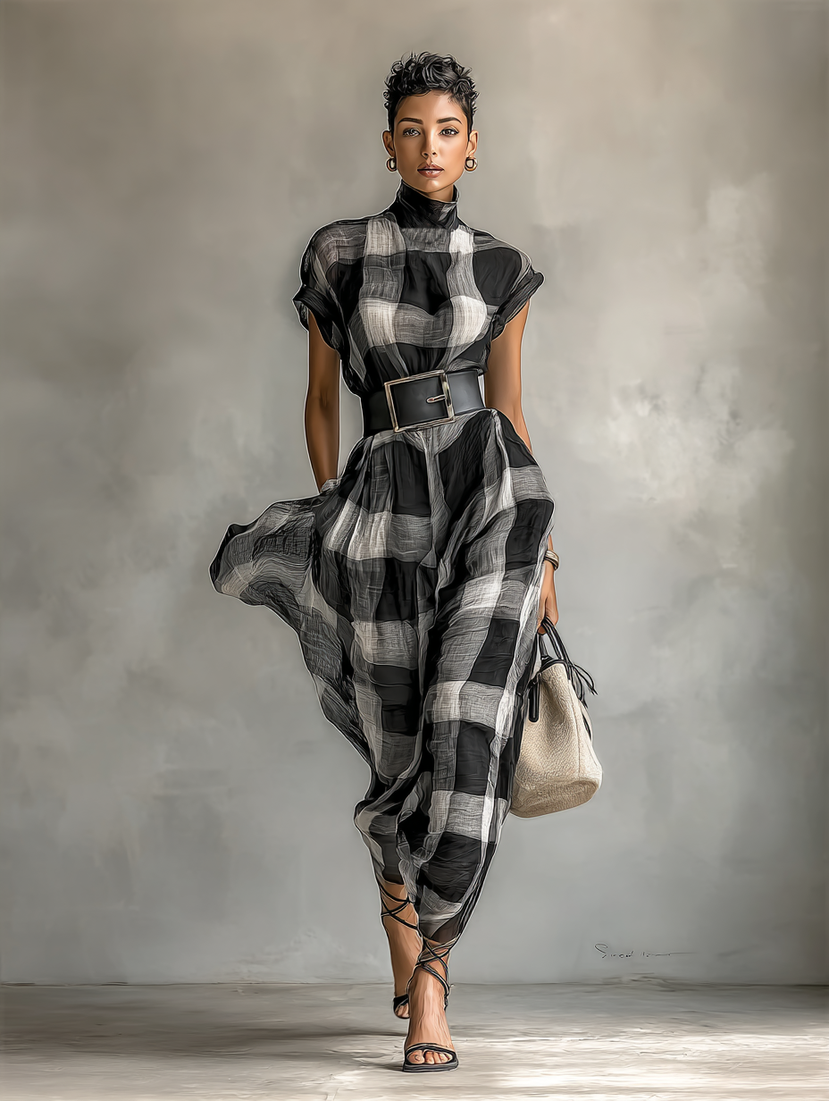 Women's Checkered Cap Sleeve Maxi Dress
