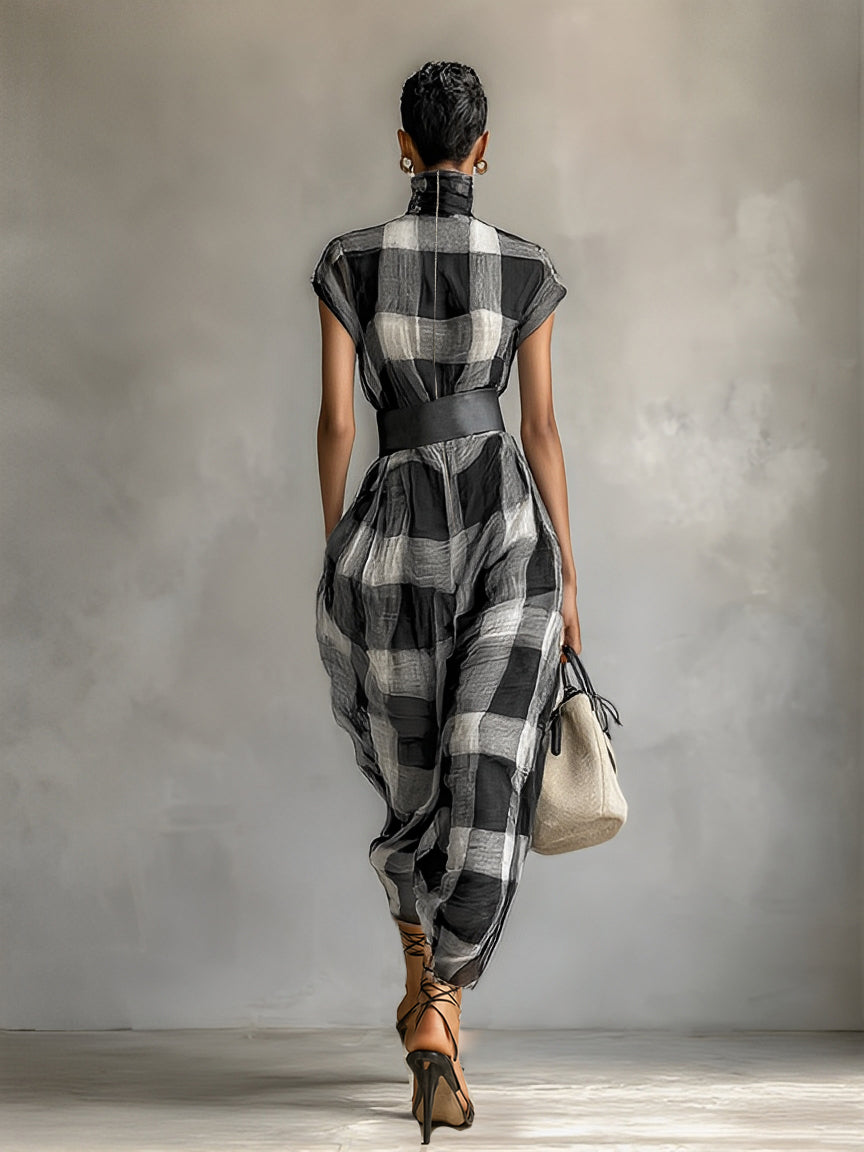Women's Checkered Cap Sleeve Maxi Dress