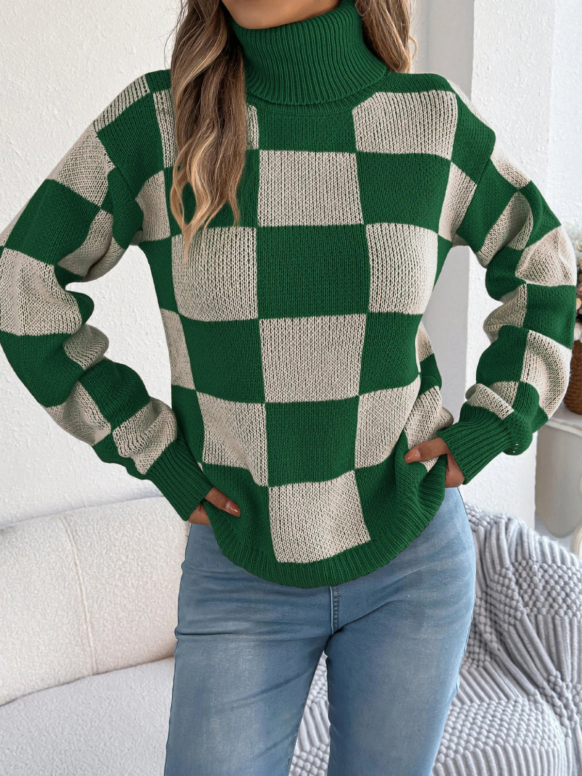 Women’s Checkered Turtleneck Long Sleeve Knit Sweater