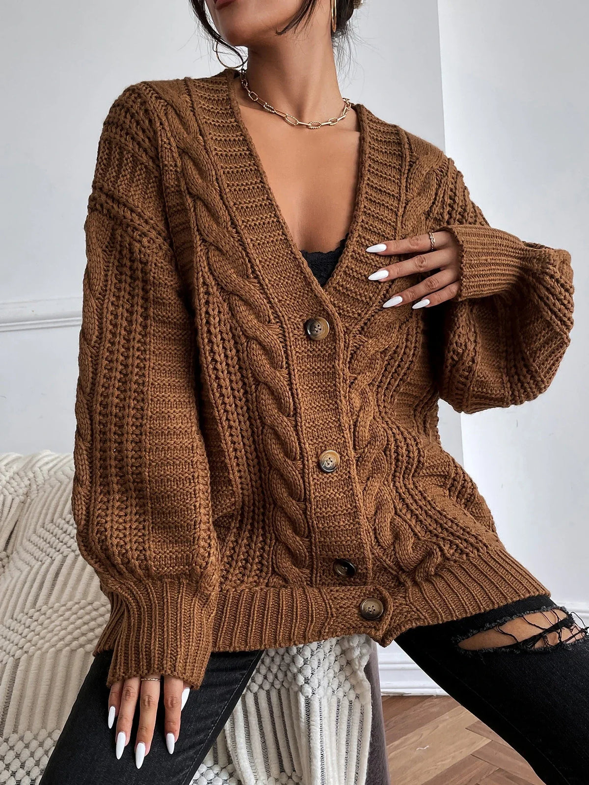 Women’s Chunky Cable Button Front Cardigan