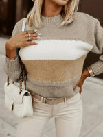 Women’s Color Block Crew Neck Long Sleeve Knit Sweater