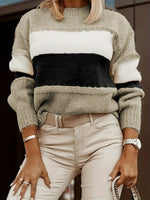 Women’s Color Block Crew Neck Long Sleeve Knit Sweater