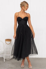Women’s Corset Spaghetti Strap Tulle Midi Wedding Guest Dress