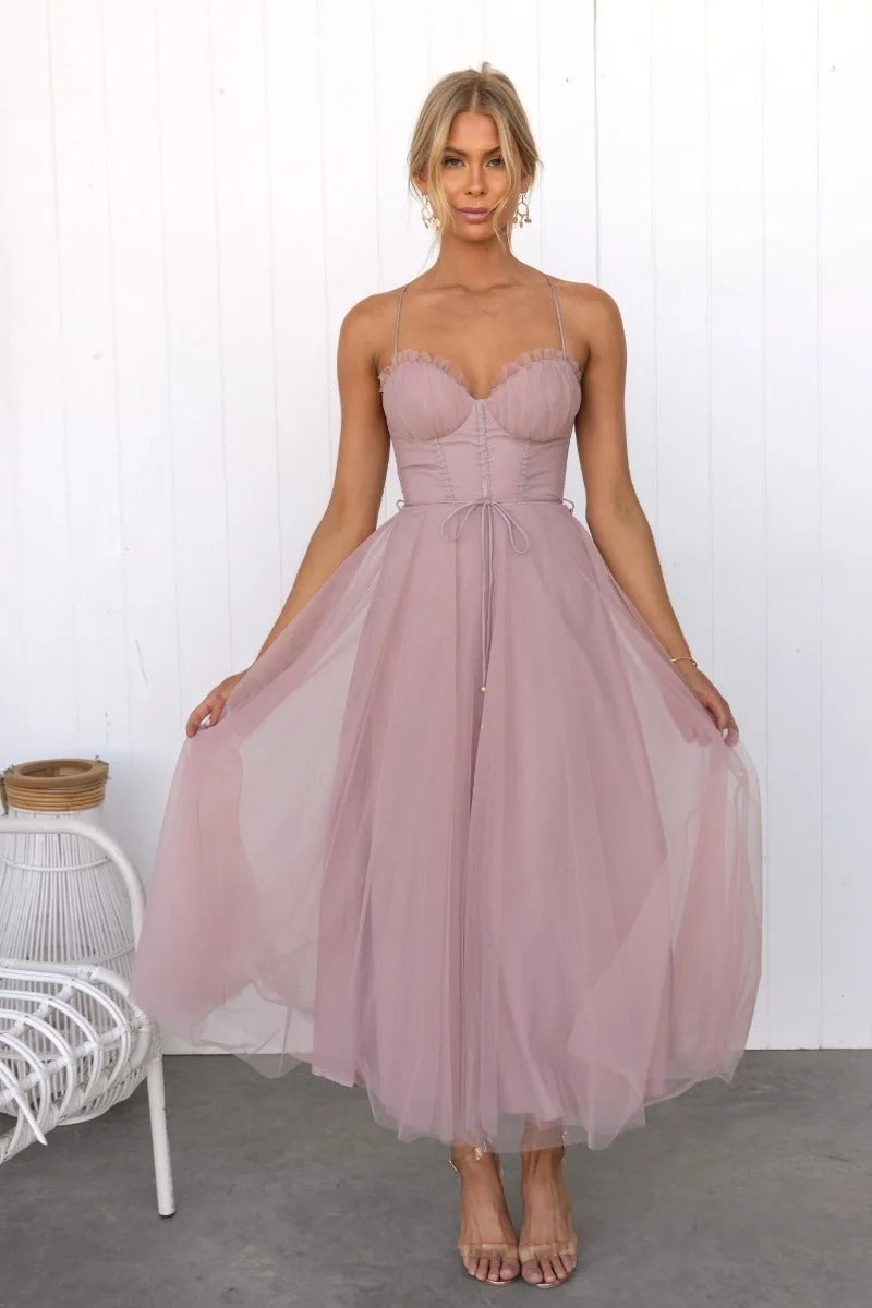 Women’s Corset Spaghetti Strap Tulle Midi Wedding Guest Dress