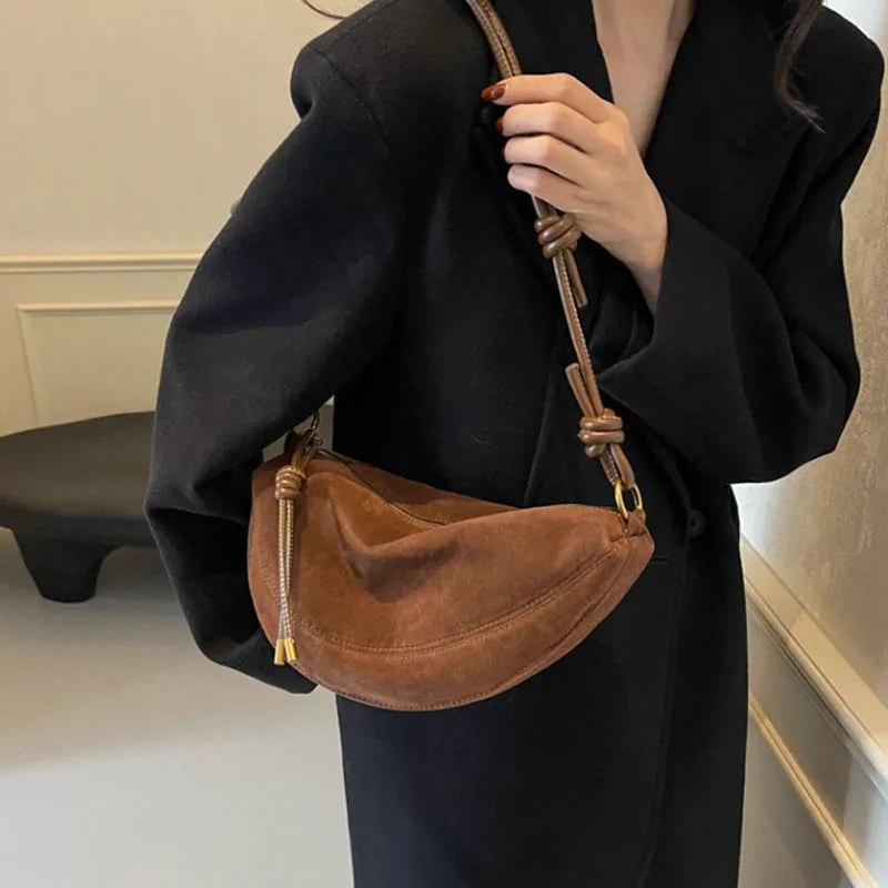Women's Crescent Shoulder Zipper Knot Strap Crossbody Bag