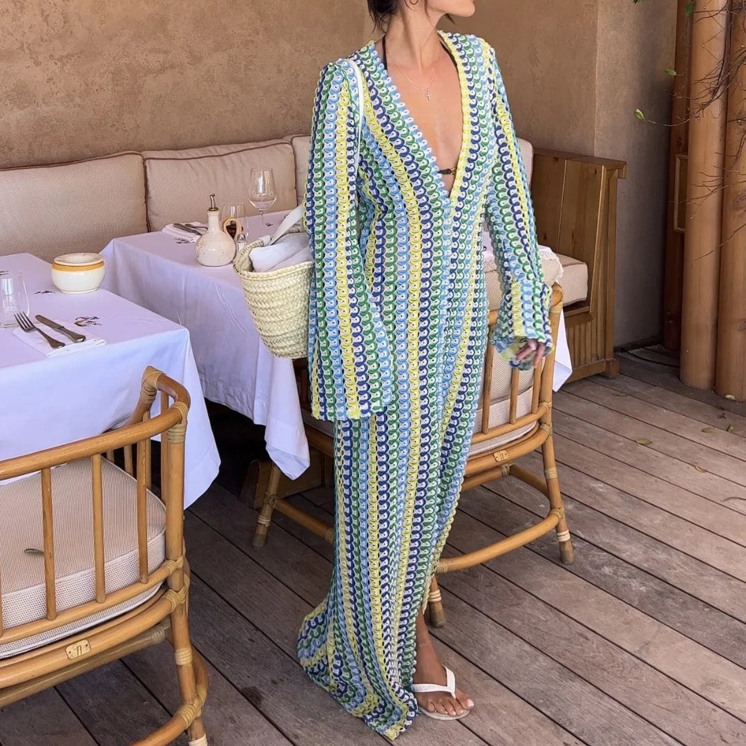 Women’s Crochet V Neck Front Slit Maxi Dress