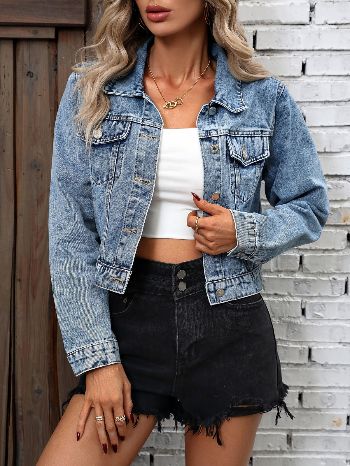 Women’s Cropped Button Front Denim Jacket