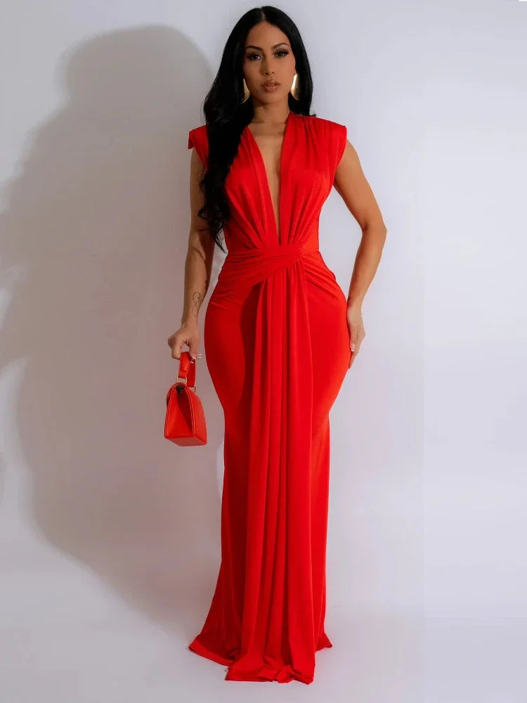 Women’s Deep V-Neck Sleeveless Bodycon Draped Maxi Dress