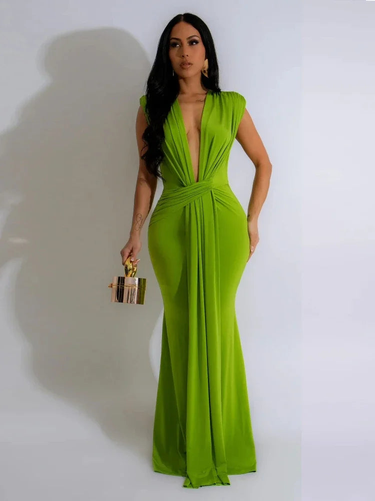 Women’s Deep V-Neck Sleeveless Bodycon Draped Maxi Dress