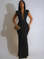 Women’s Deep V-Neck Sleeveless Bodycon Draped Maxi Dress