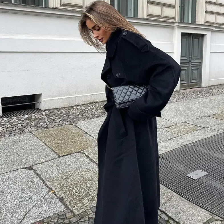 Women's Double Breasted Belted Wool Trench Coat