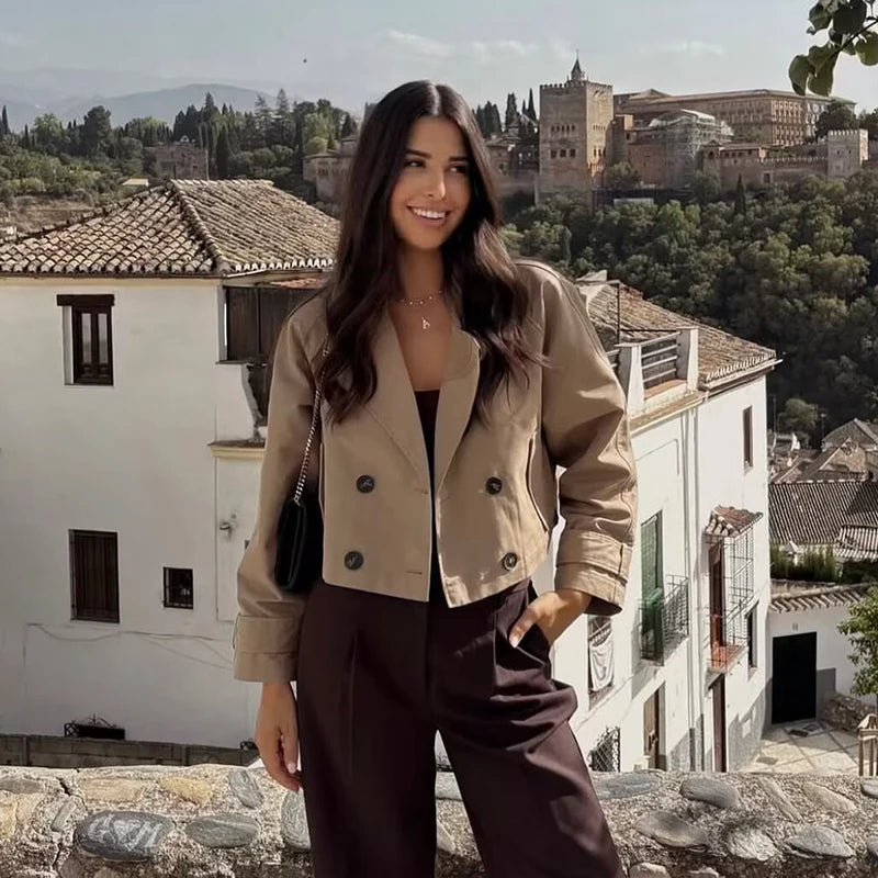 Women’s Double Breasted Cropped Trench Style Jacket