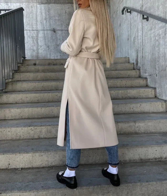 Women's Double Breasted Wide Lapels Belted Waist Trench Coat