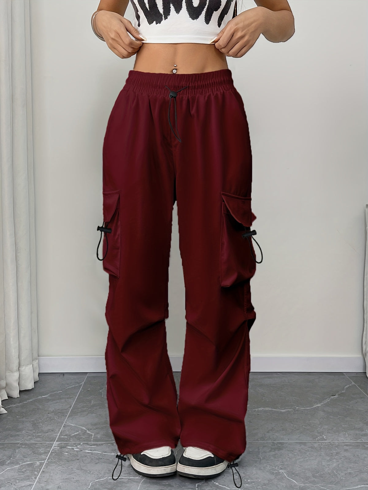 Women’s Drawstring Cargo Pocket Parachute Pants