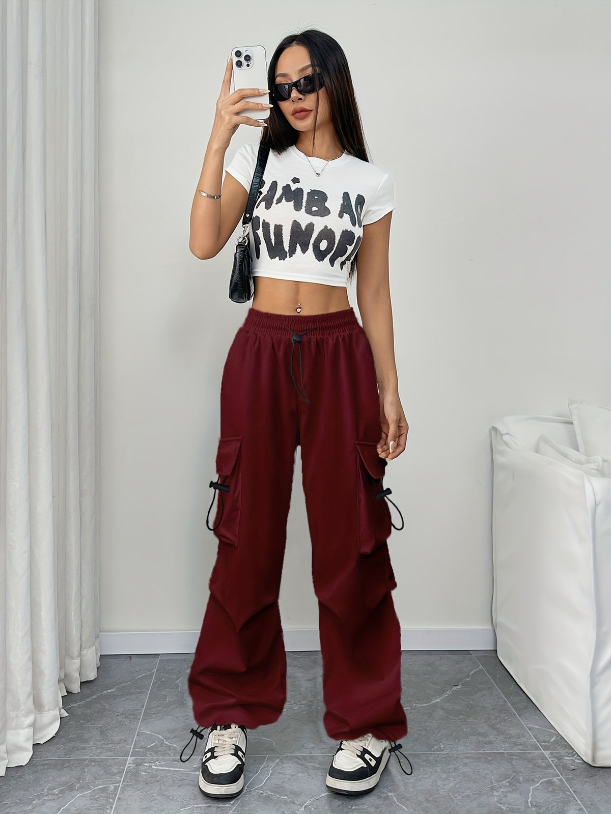 Women’s Drawstring Cargo Pocket Parachute Pants