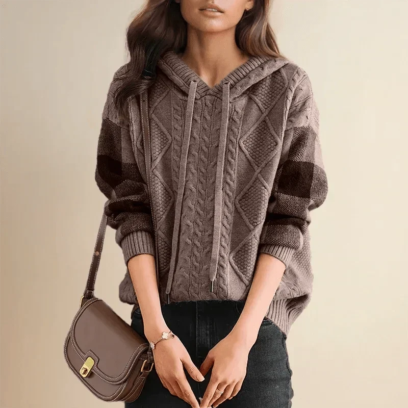 Women's Drawstring Colorblock-Sleeve Cable Knit Sweater