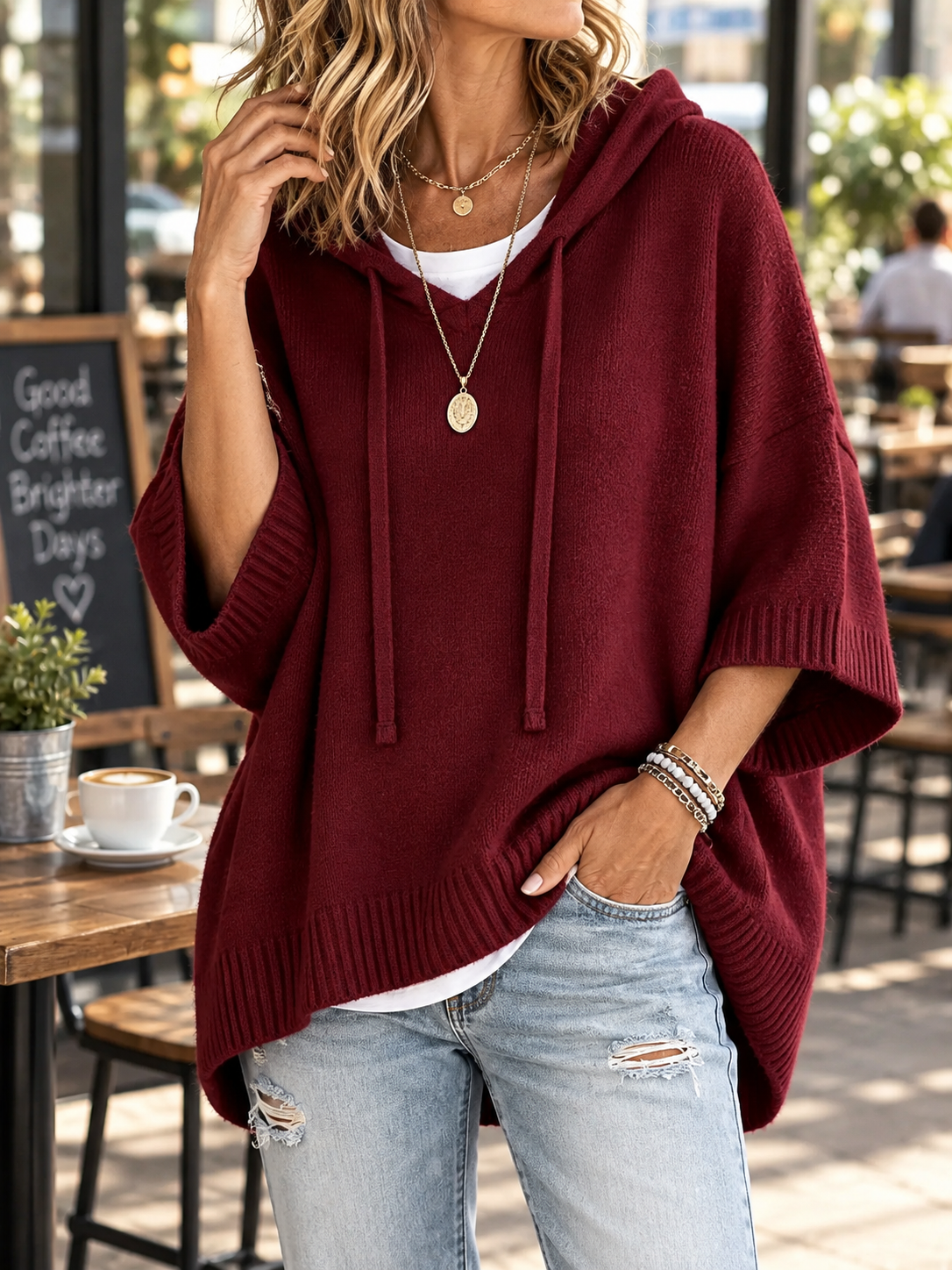 Women's Drawstring Ribbed-Trim Knit Oversized Hoodie