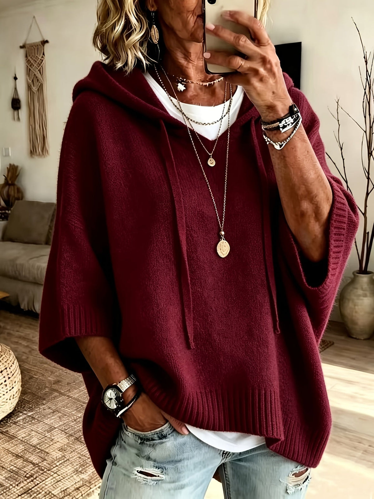 Women's Drawstring Ribbed-Trim Knit Oversized Hoodie