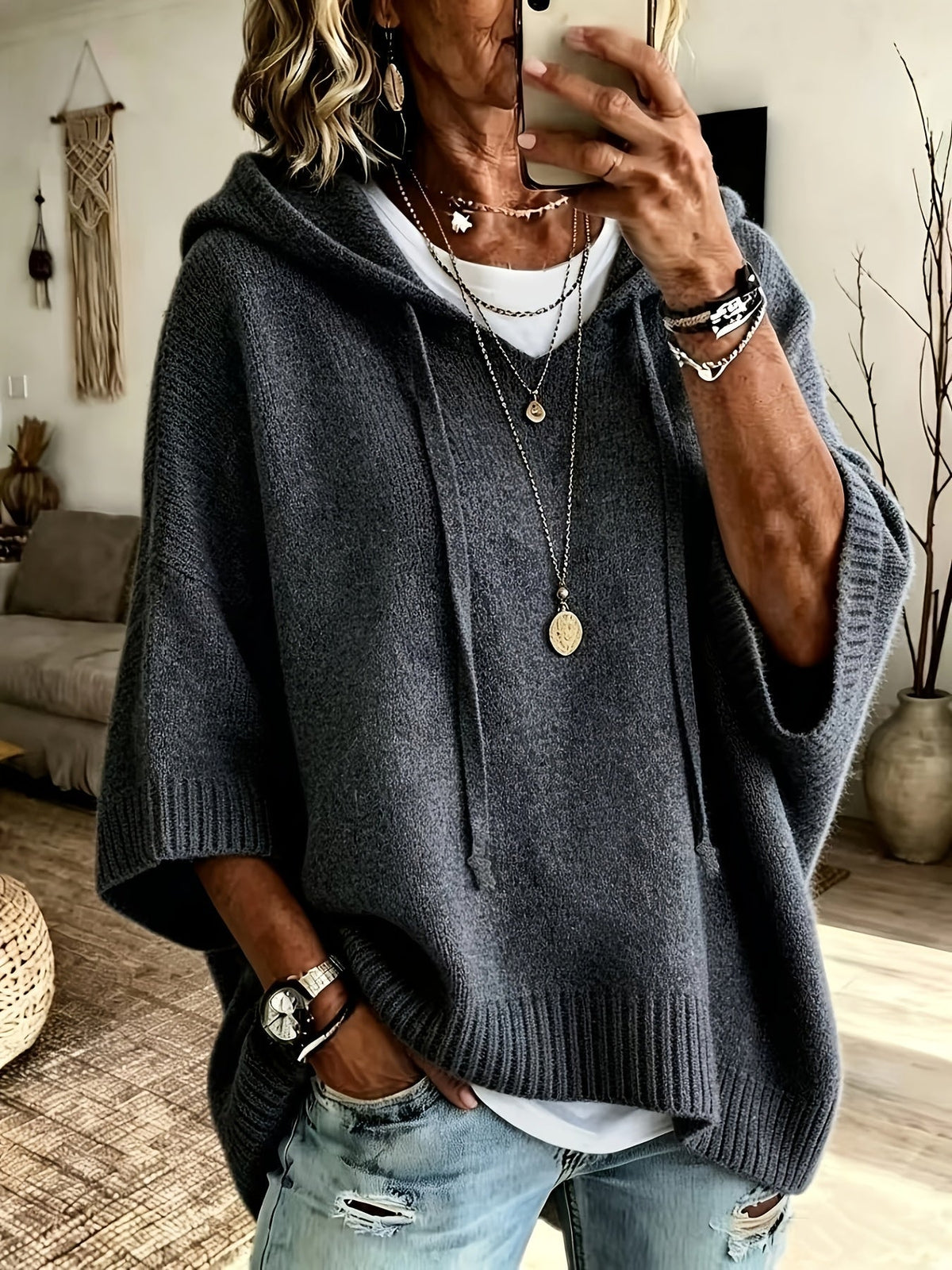 Women's Drawstring Ribbed-Trim Knit Oversized Hoodie
