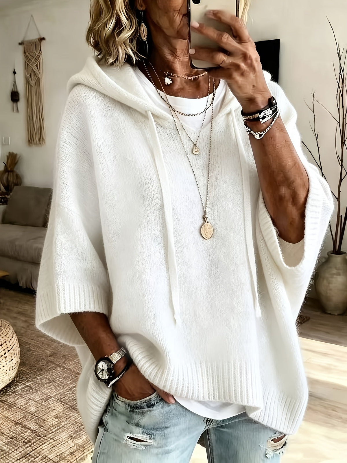 Women's Drawstring Ribbed-Trim Knit Oversized Hoodie