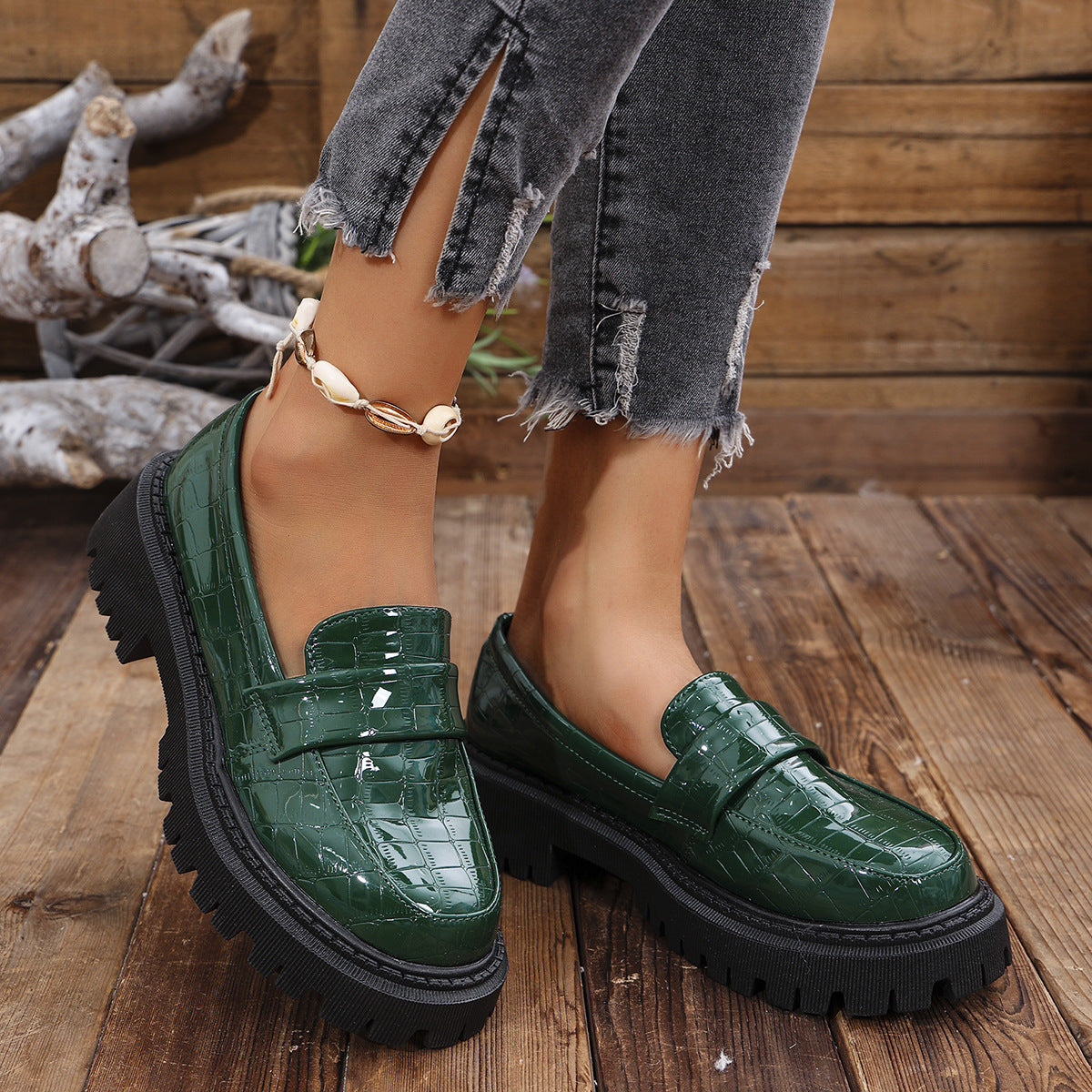 Women's Embossed Lug Sole Slip On Loafers