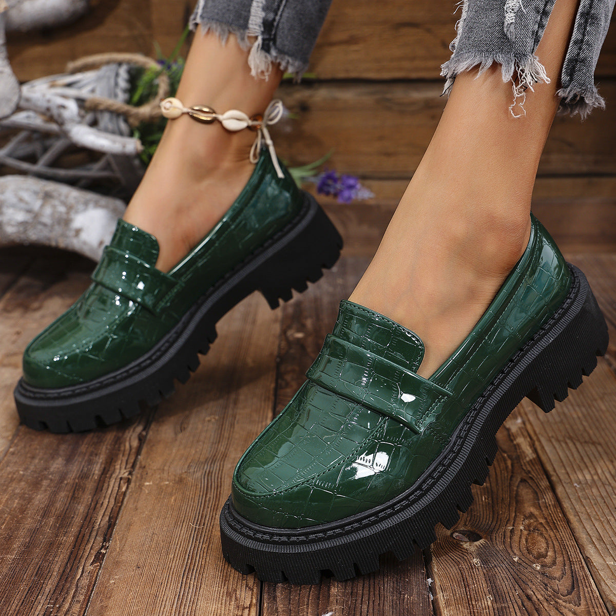 Women's Embossed Lug Sole Slip On Loafers