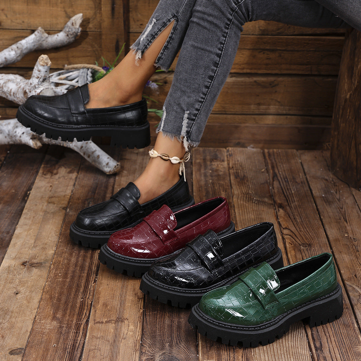 Women's Embossed Lug Sole Slip On Loafers