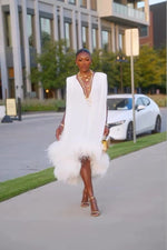 Women's Feather-Trimmed Deep V-Neck Midi Dress