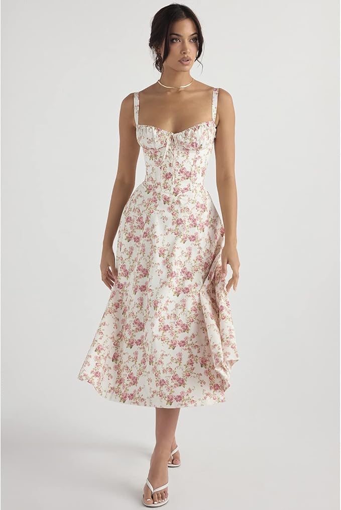 Women’s Floral Bustier Midi Wedding Guest Dress