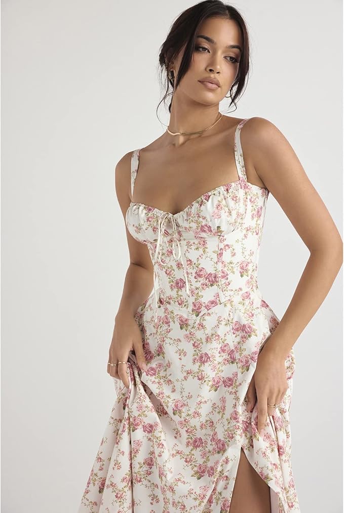 Women’s Floral Bustier Midi Wedding Guest Dress
