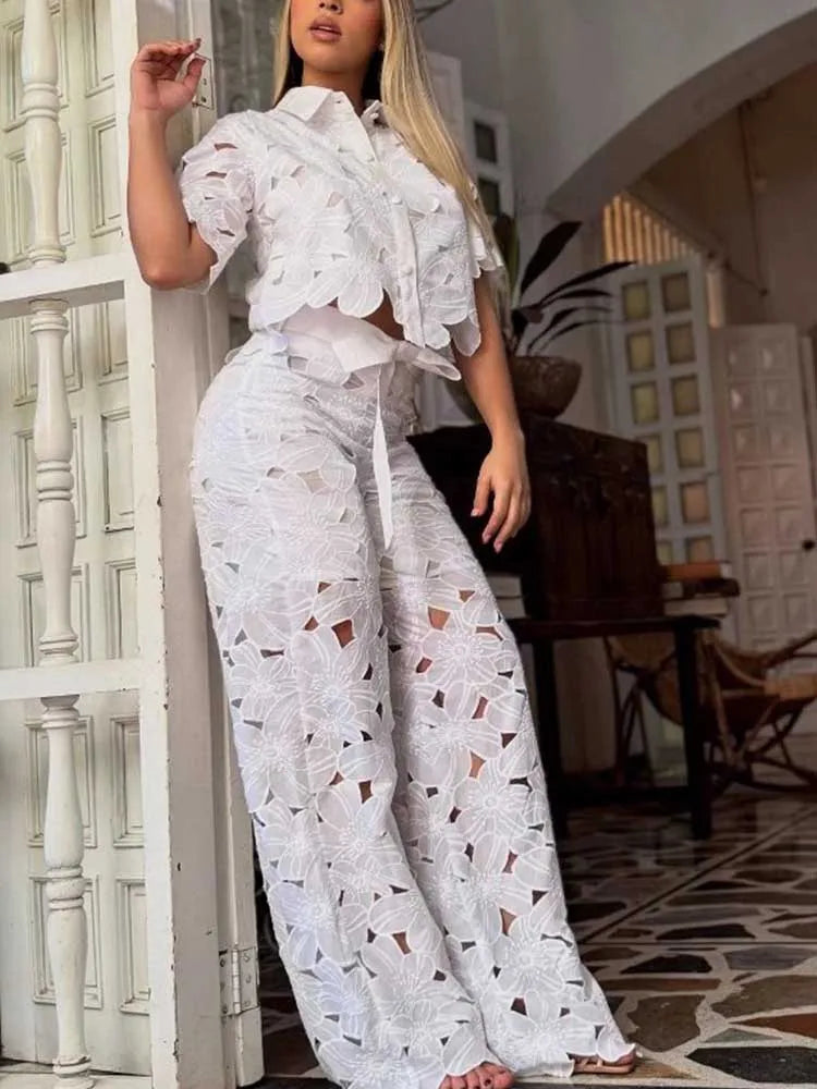 Women’s Floral Lace Two Piece Top and Wide Leg Pants Set