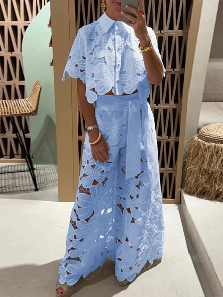 Women’s Floral Lace Two Piece Top and Wide Leg Pants Set