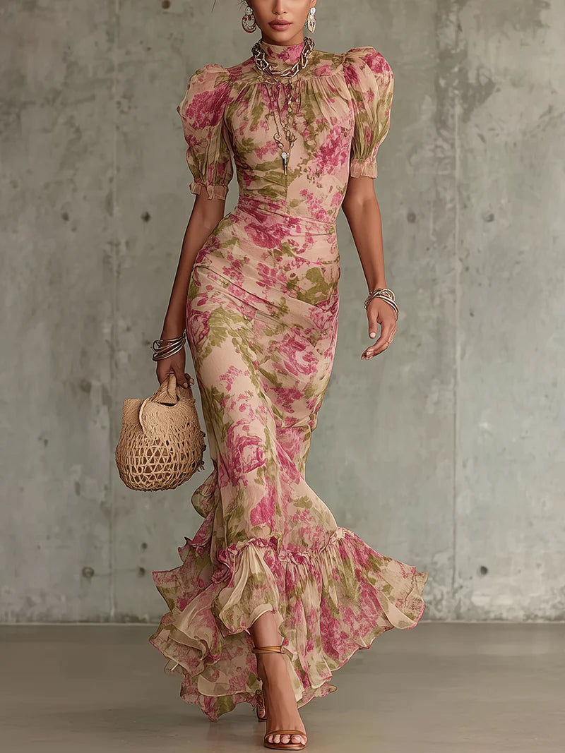 Women's Floral Print High Neck Short Sleeve Ruffle Hem Maxi Dress