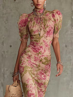 Women's Floral Print High Neck Short Sleeve Ruffle Hem Maxi Dress