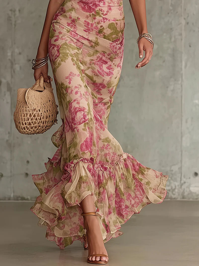 Women's Floral Print High Neck Short Sleeve Ruffle Hem Maxi Dress