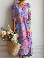 Women's Floral Print V-Neck Long Sleeve Midi Dress