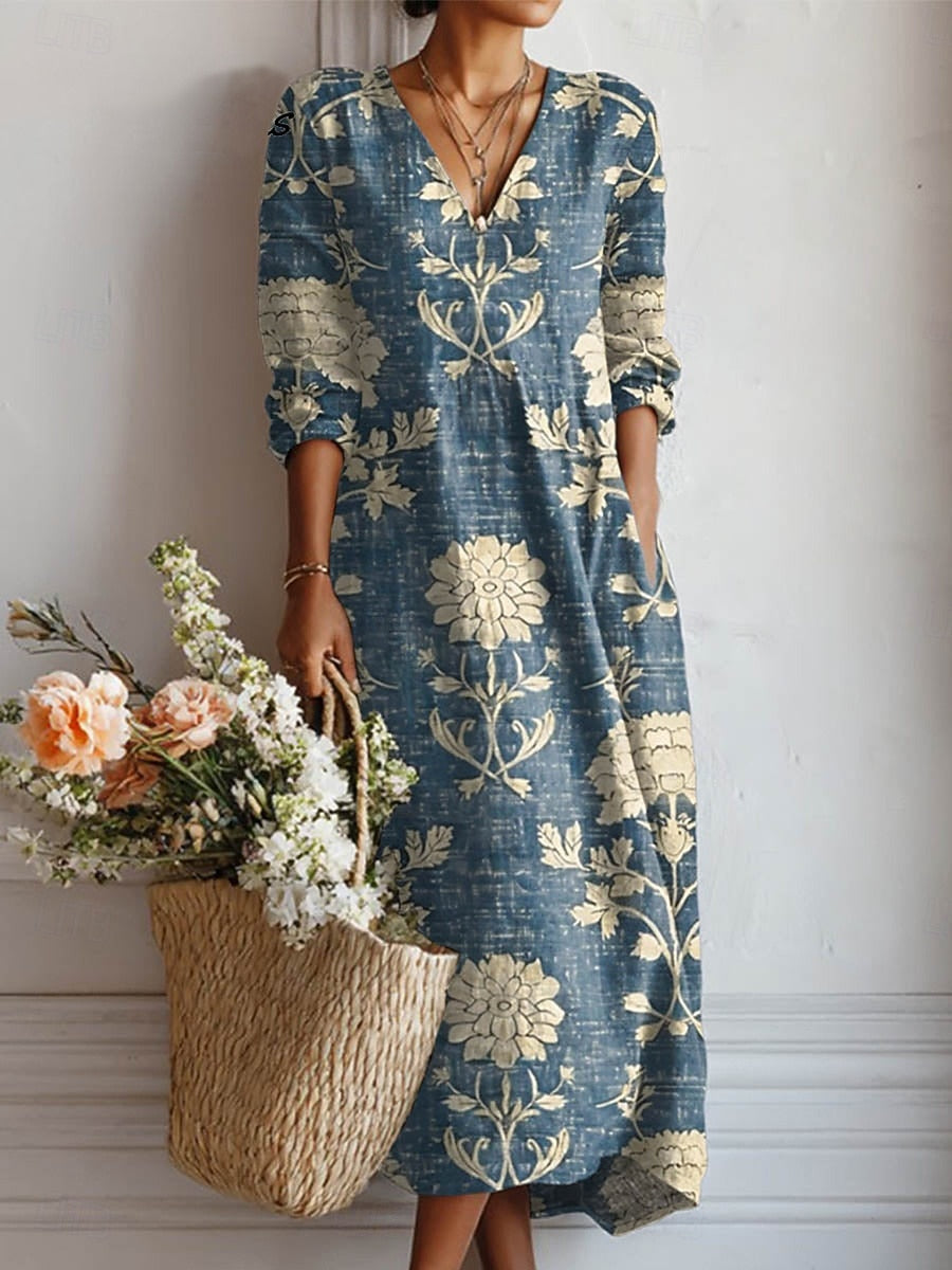 Women's Floral Print V-Neck Long Sleeve Midi Dress