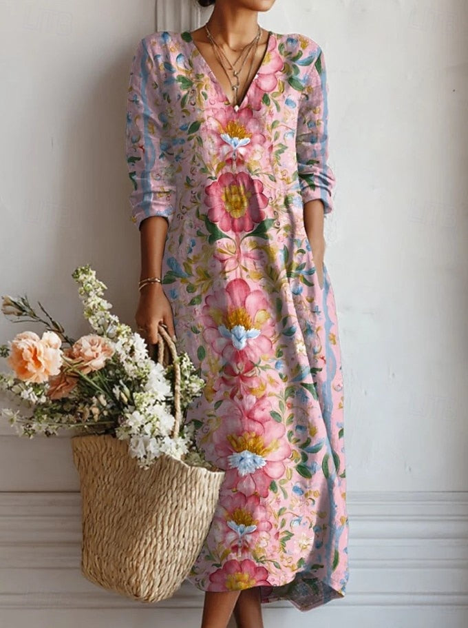 Women's Floral Print V-Neck Long Sleeve Midi Dress