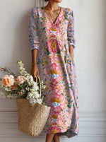 Women's Floral Print V-Neck Long Sleeve Midi Dress