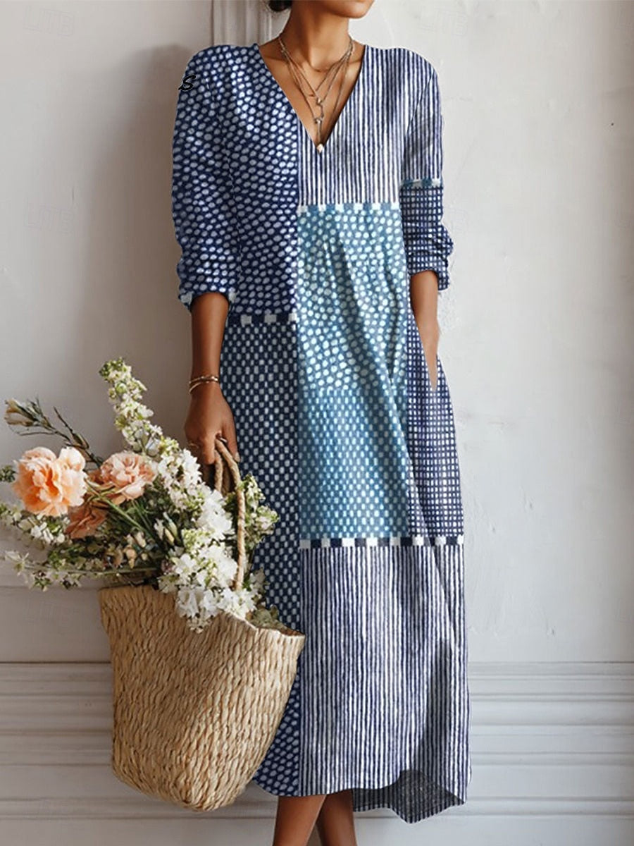 Women's Floral Print V-Neck Long Sleeve Midi Dress