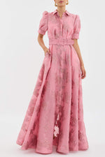 Women’s Floral Short Sleeve Belted Button Front Maxi Wedding Guest Dress