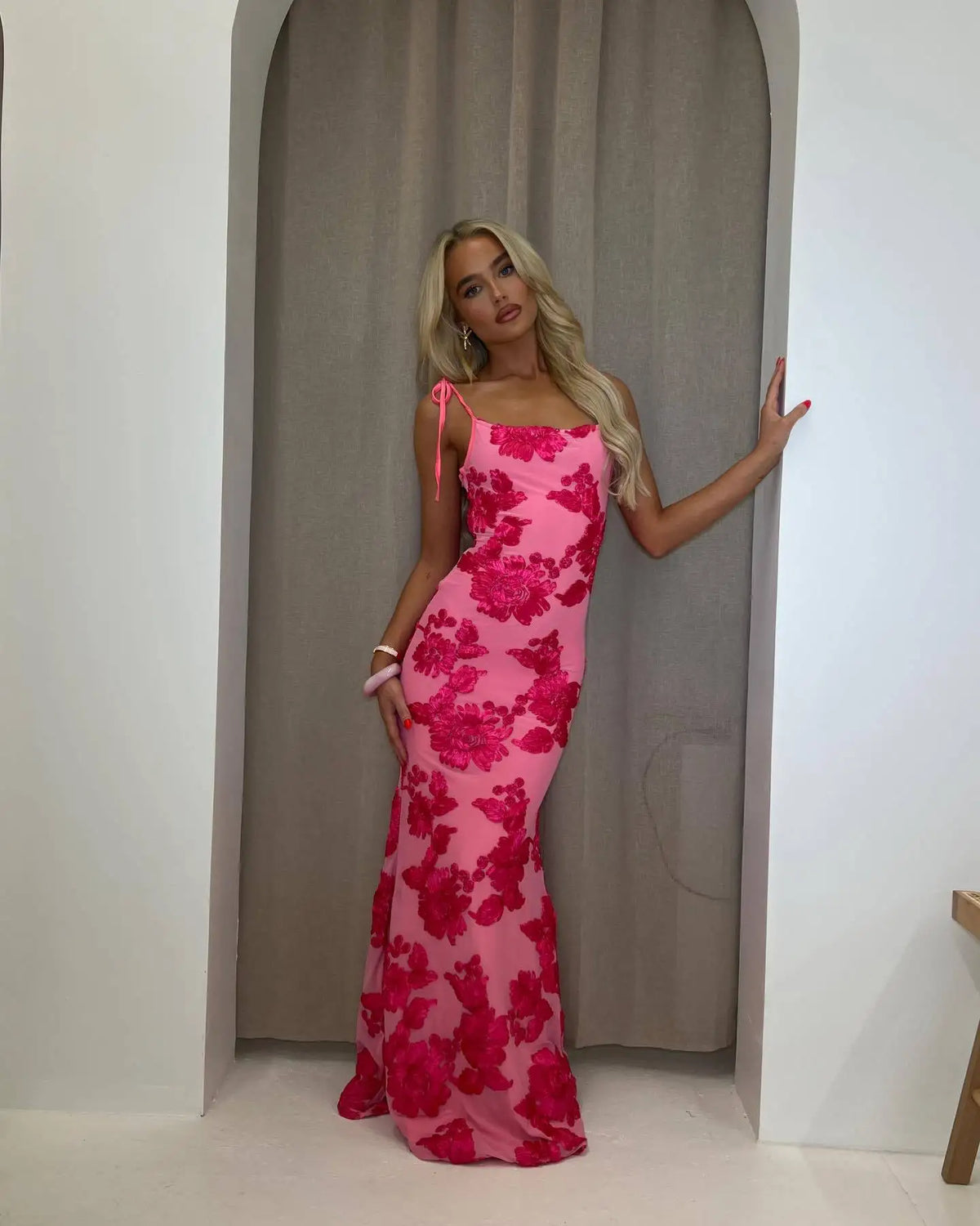 Women's Floral Square Neck Tie Strap Embroidered Maxi Wedding Guest Dress
