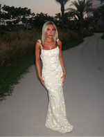Women's Floral Square Neck Tie Strap Embroidered Maxi Wedding Guest Dress