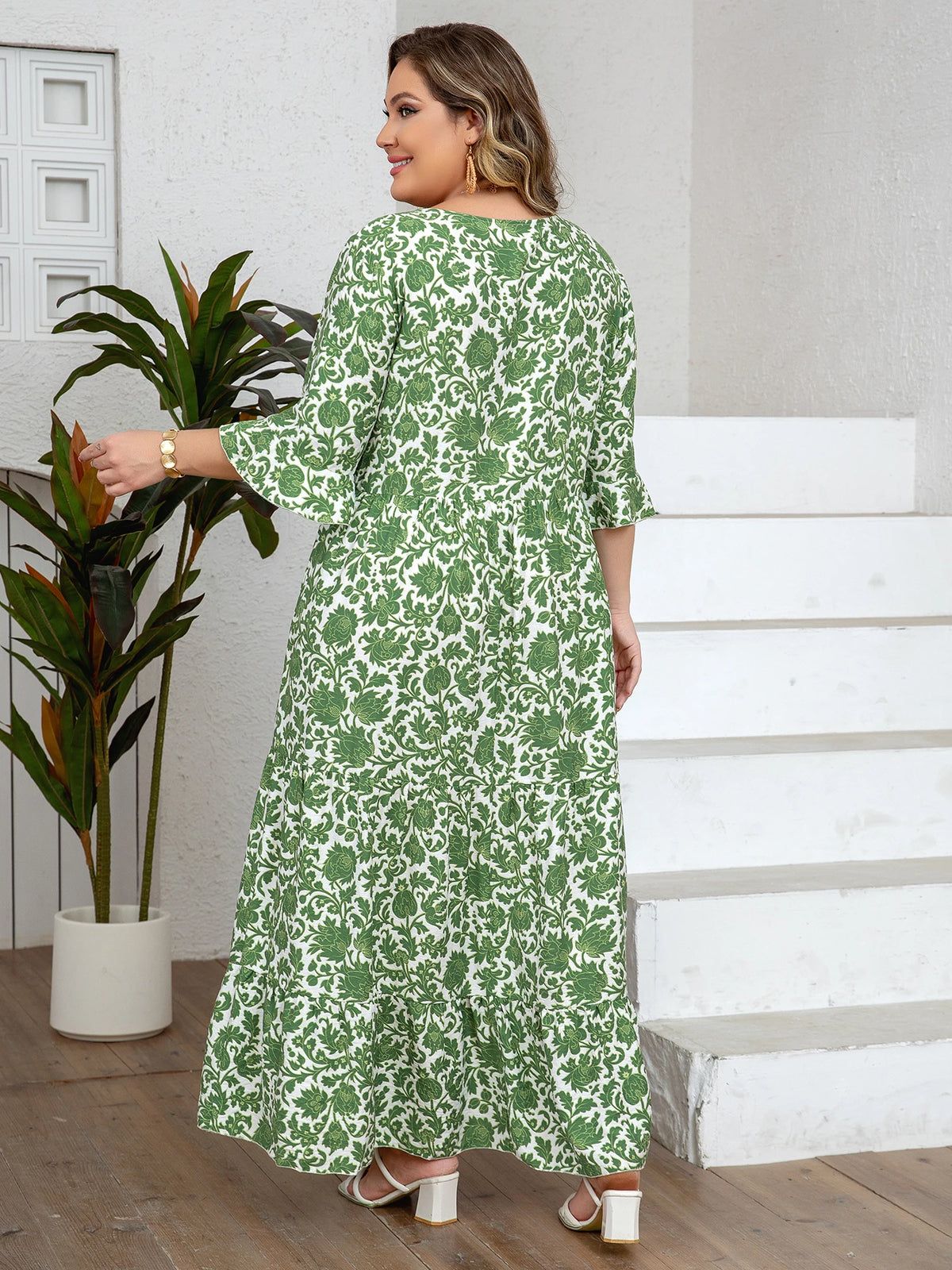 Women's Floral Tassel Tie Three Quarter Sleeve Tiered Plus Size Maxi Sundress