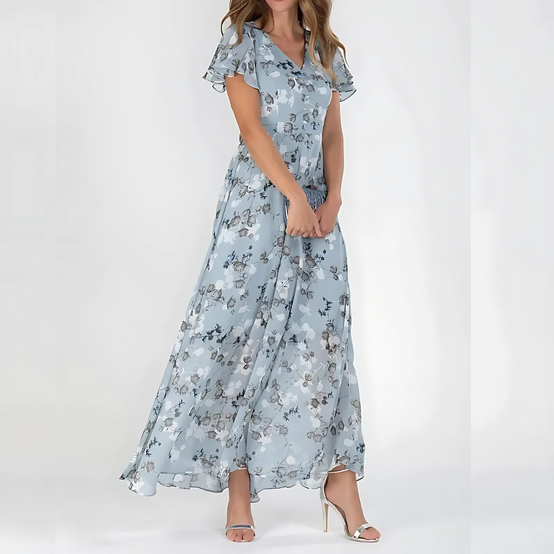 Women's Floral V Neck Flutter Sleeve Maxi Wedding Guest Dress